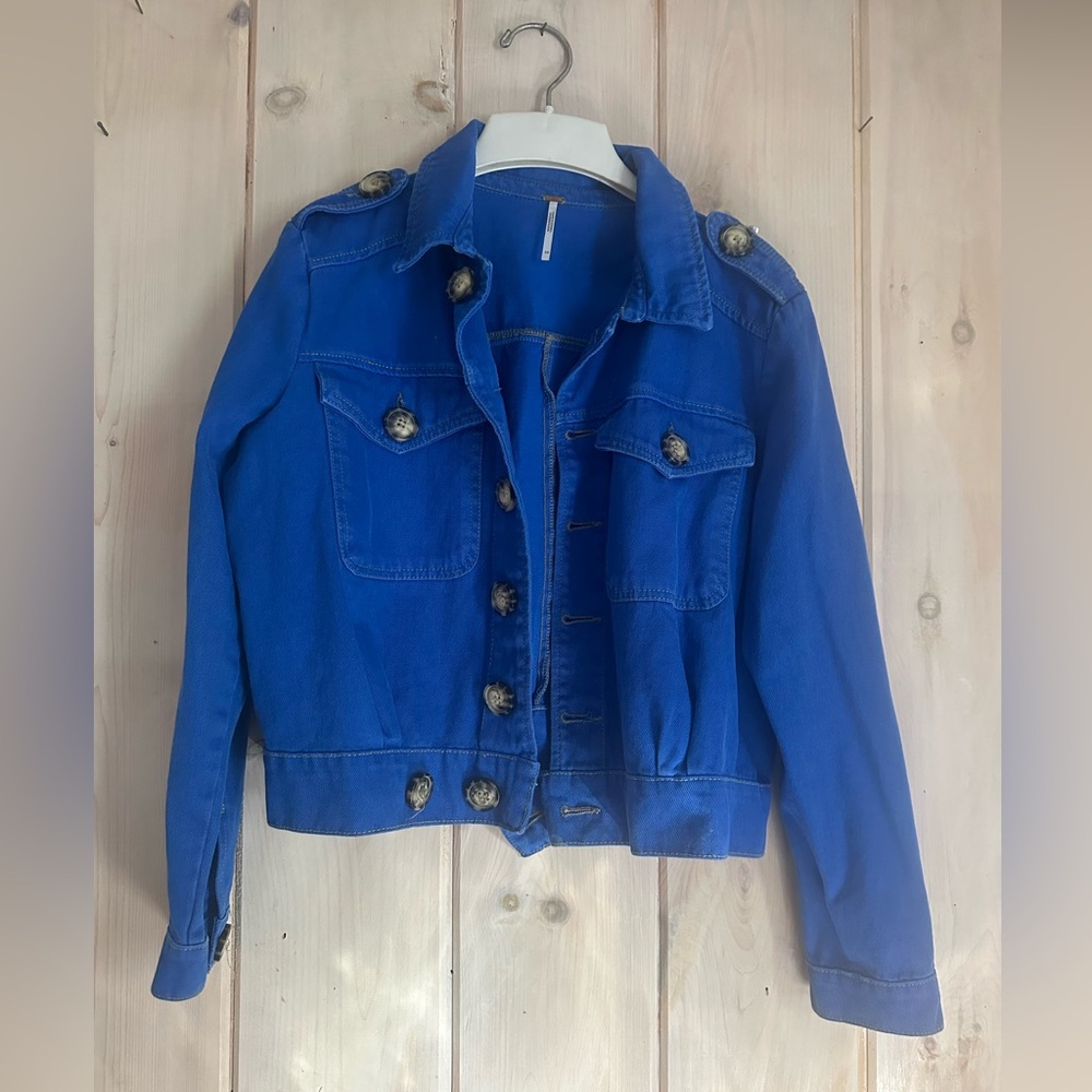 Free People Bright Royal Blue Denim Jacket Size XS Buttons and Pockets